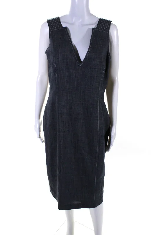 Carolina Herrera Womens Back Zip V Neck Sheath Dress Navy Blue Wool