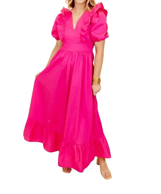 Solid Poplin Ruffle Puff Sleeve Dress In Pink