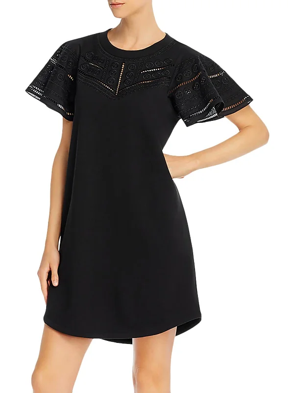 Katrina Womens Ribbed Trim Eyelet Cocktail Dress