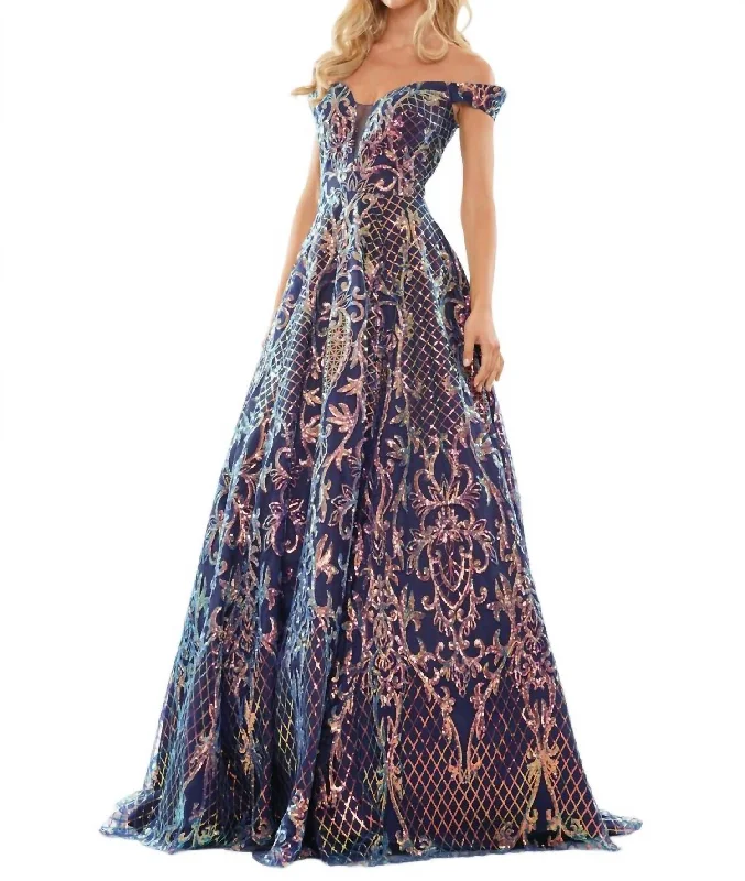 Off Shoulder Sequin Lace Evening Gown In Navy