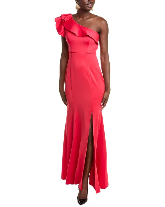 Rene Ruiz One-Shoulder Ruffle Neckline Scuba Gown