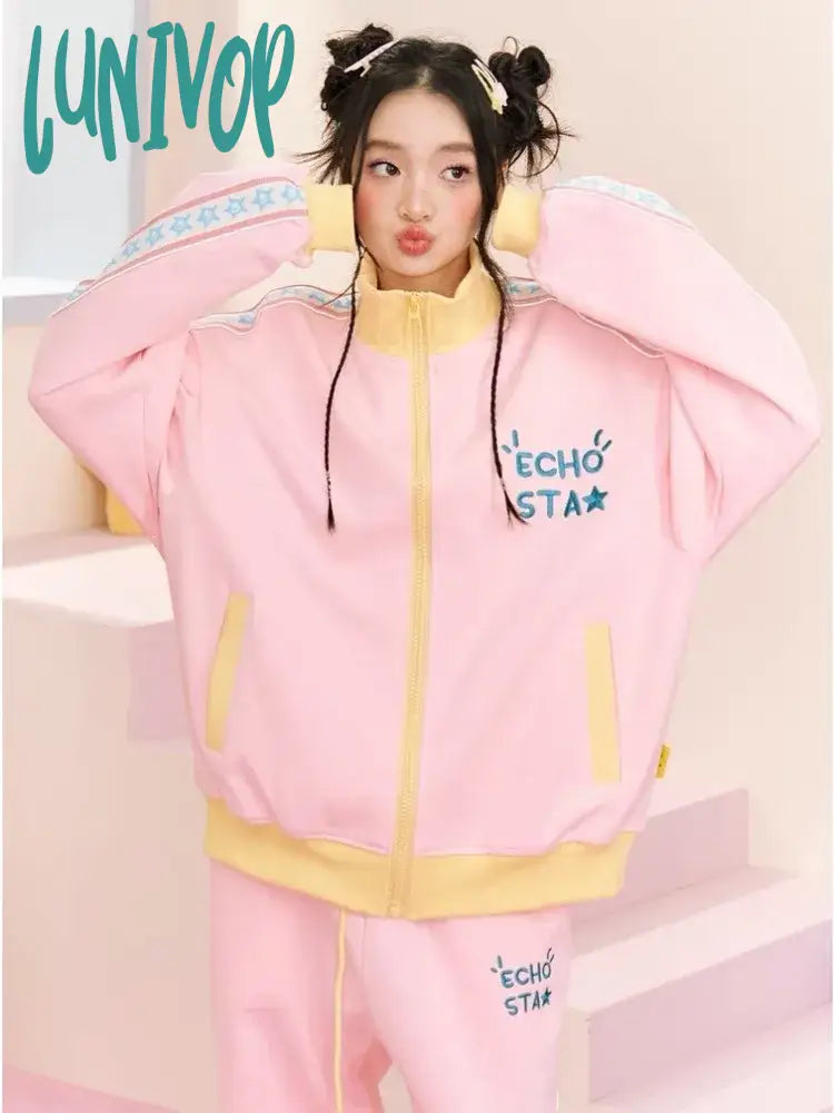 Lunivop Y2k Star Zip Up Sweatshirts Women Korean Style Kpop Pink Hoodies Sweet Kawaii Aesthetic Casual Long Sleeve Tops Autumn