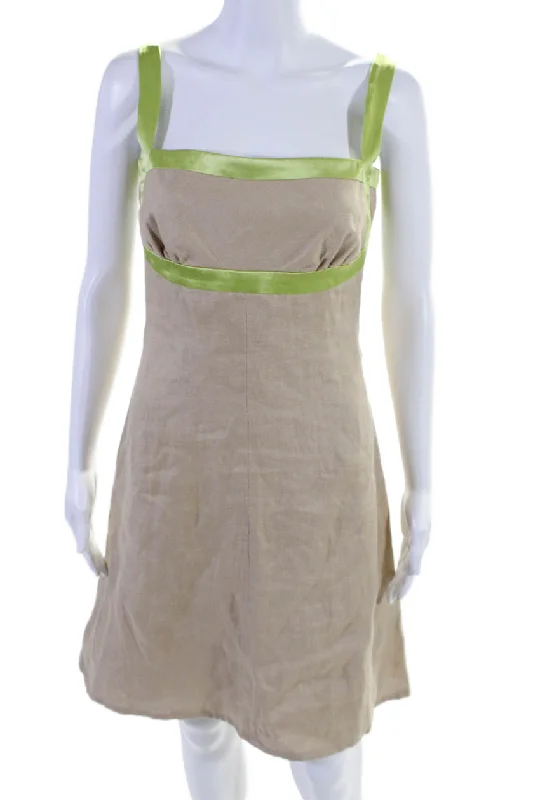 Valentino Womens Linen Sleeveless A Line Knee Length Dress Beige Lime Green