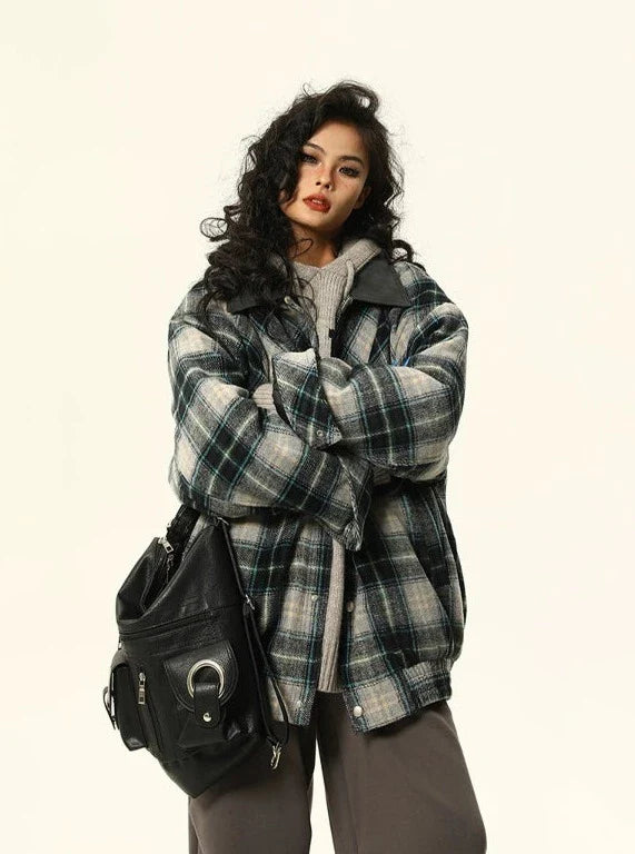 Retro Patchwork Plaid Puffer Jacket