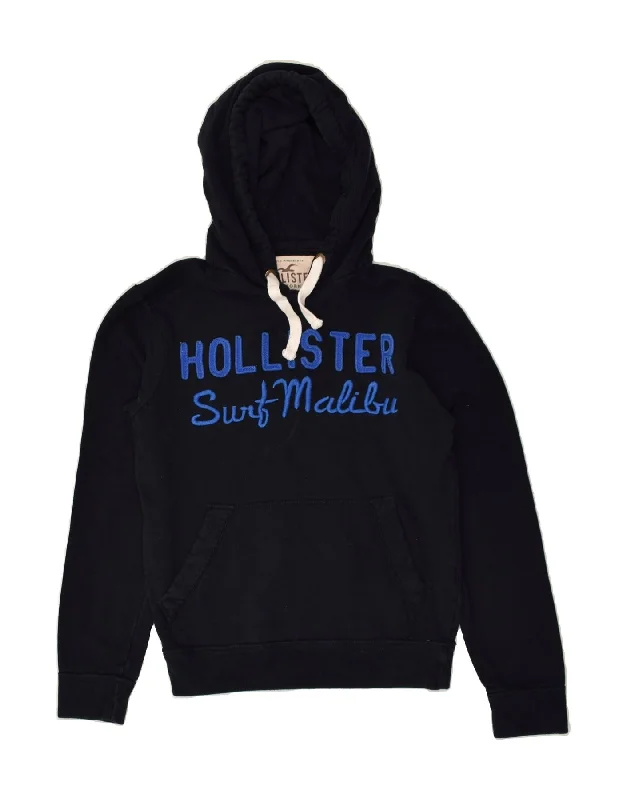 HOLLISTER Womens Graphic Hoodie Jumper UK 14 Medium Navy Blue Cotton