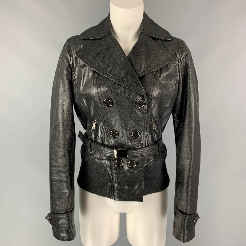 D&G by DOLCE & GABBANA Size 6 Black Leather Double Breasted Belted Jacket