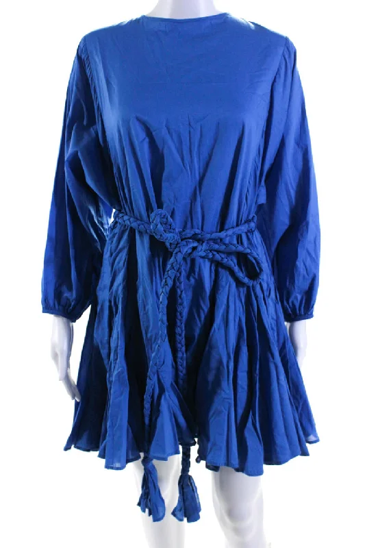 Rhode Womens Long Sleeve Crew Neck Belted Mini Swing Dress Blue Cotton