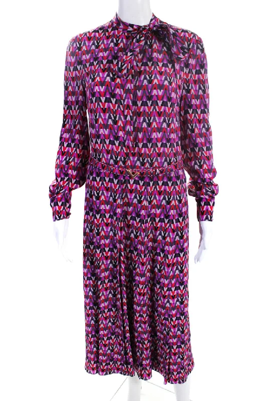 Valentino Womens Abstract Print Bow-Neck Maxi Shirt Dress Purple Red