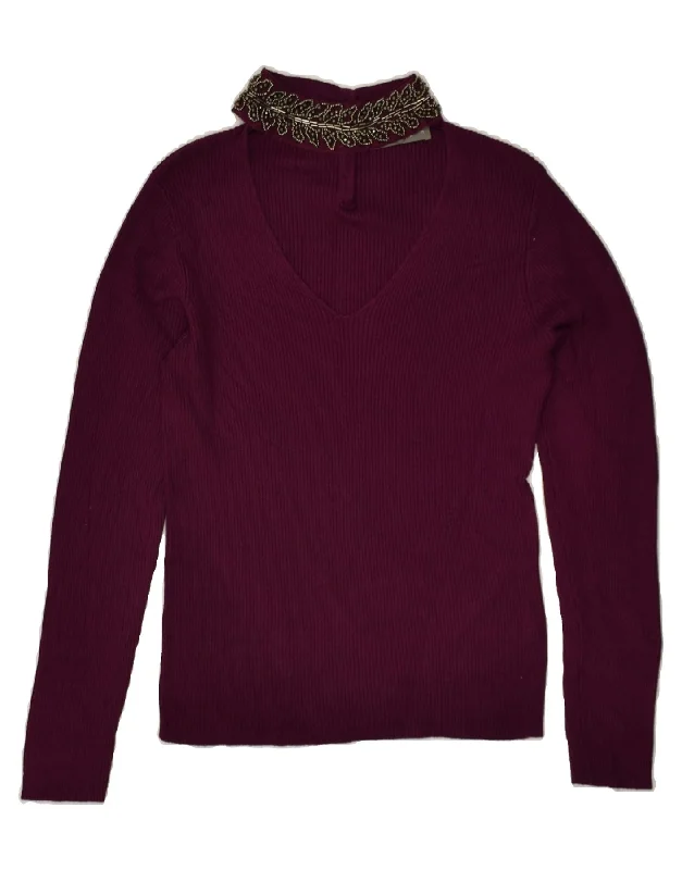 OASIS Womens V-Neck Jumper Sweater UK 12 Medium Burgundy Viscose