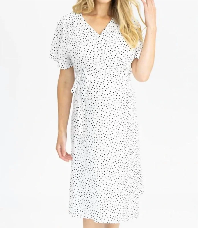 Polka Dot Nursing Wrap Dress In White