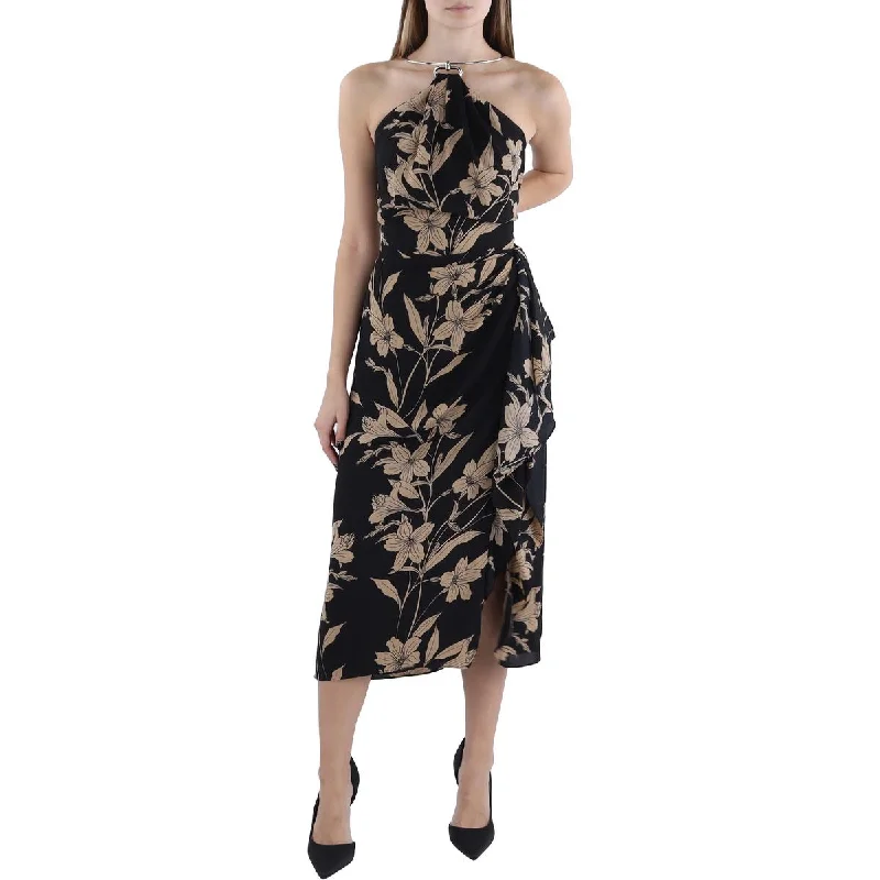 Womens Floral Print Midi Halter Dress