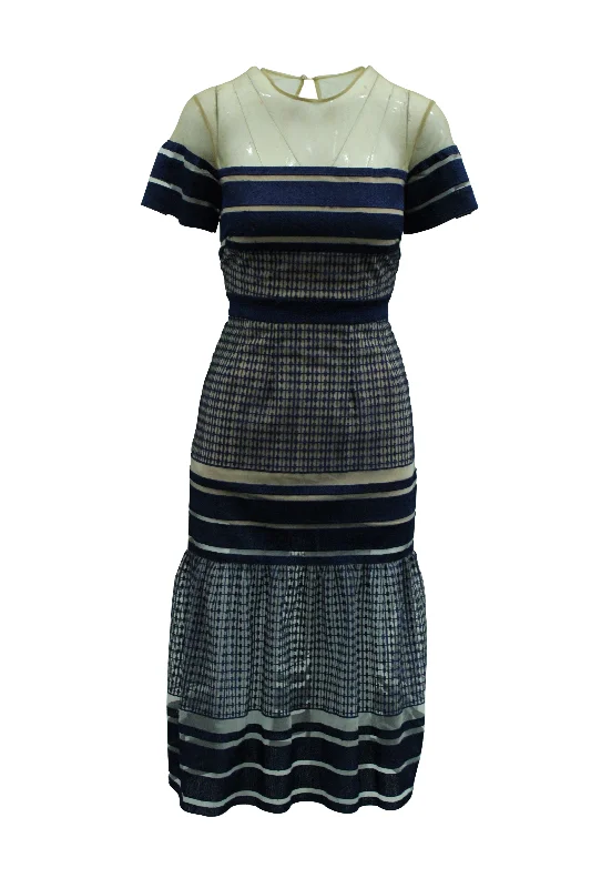 Self Portrait Striped Mesh Column Dress in Multicolor Polyester