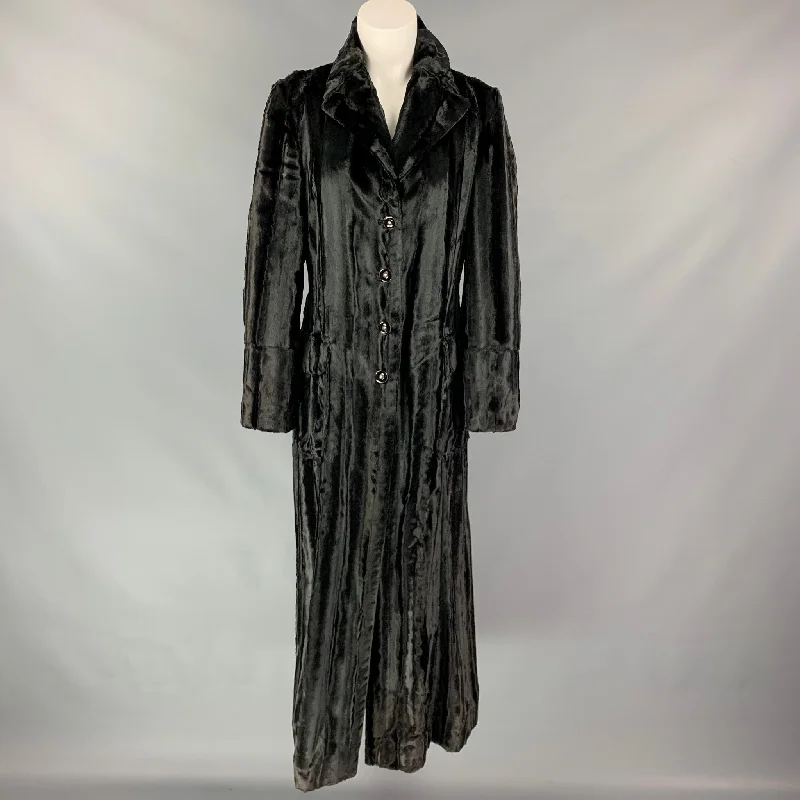 JUST CAVALLI Size 10 Black Textured Acetate Blend Faux Fur Coat