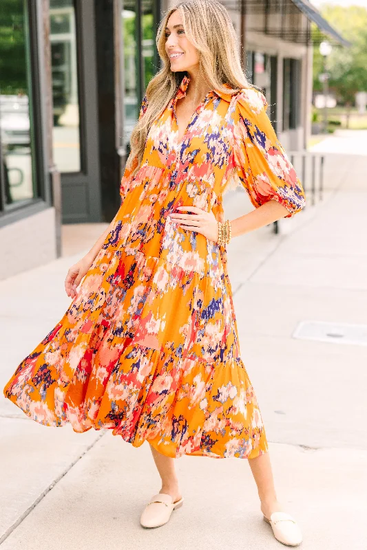 Think It Through Orange Floral Babydoll Midi Dress