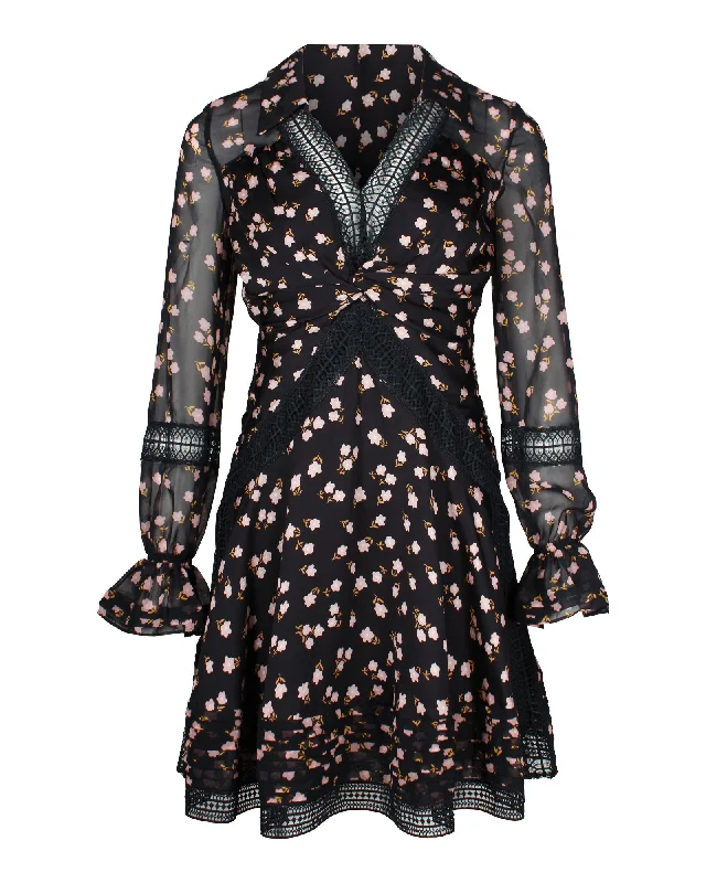 Self-Portrait Lace-Trimmed Floral Mini Dress in Black Viscose