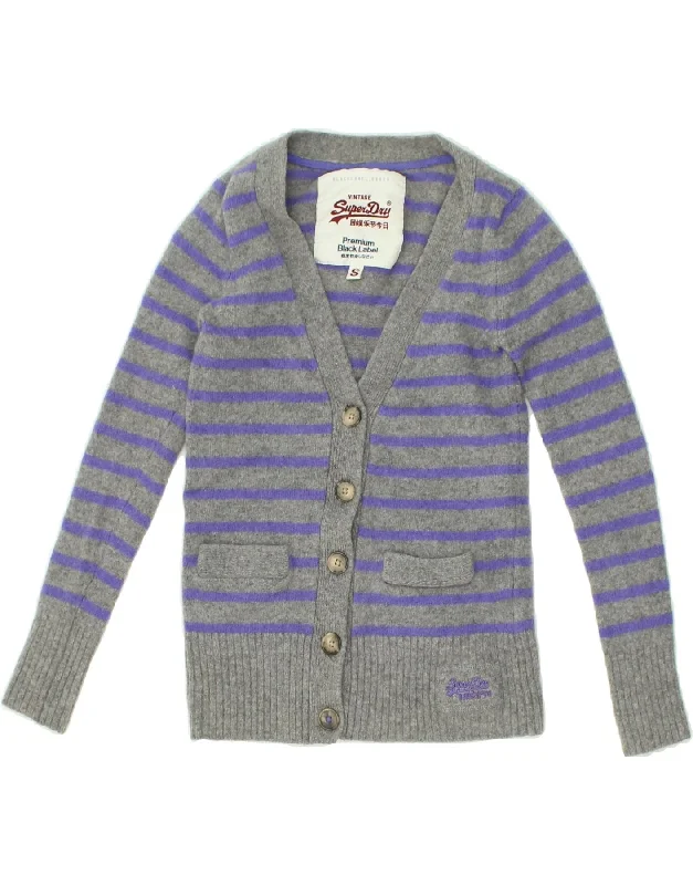 SUPERDRY Womens Cardigan Sweater UK 8 Small Grey Striped Lambswool