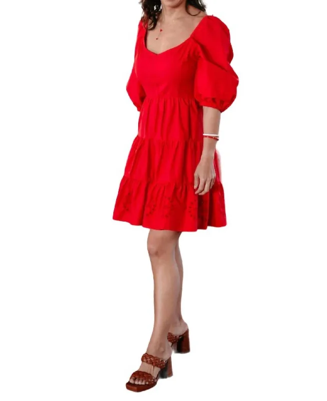 Davina Puff Sleeves Fit & Flare Eyelet Dress In Strawberry Red