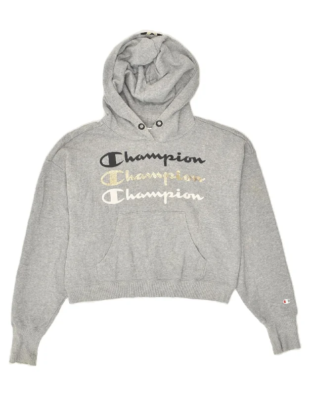 CHAMPION Womens Crop Graphic Hoodie Jumper UK 10 Small Grey Cotton