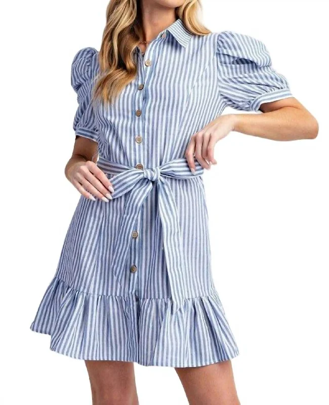 Cotton Striped Belted Shirt Dress In Blue