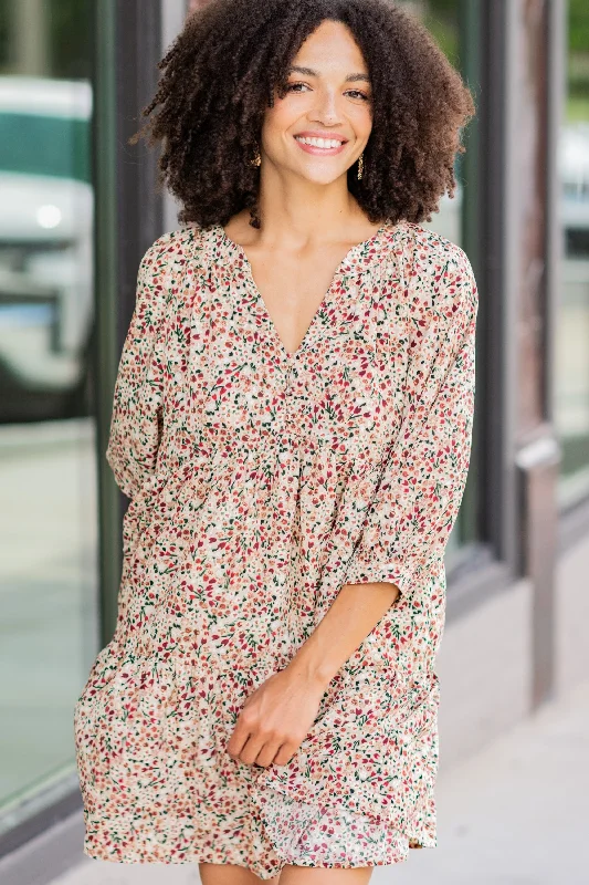 Can't Be Outdone Beige Brown Ditsy Floral Dress