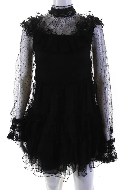 Dice Kayek Womens Ruffled Lace Tiered Tulle Mini Dress Black