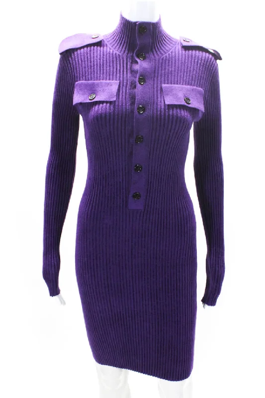 Bottega Veneta Womens Long Sleeve Ribbed Knit Sweater Dress Purple