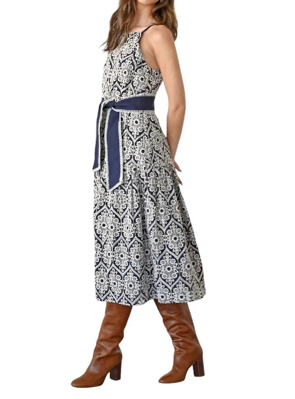 Anell Halter Embroidered Dress In Navy/cream