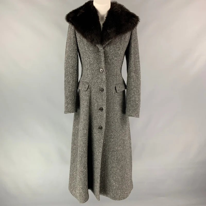 RALPH LAUREN Black Label Size 4 Grey Heather Herringbone Wool / Cashmere Fur Collar Coat