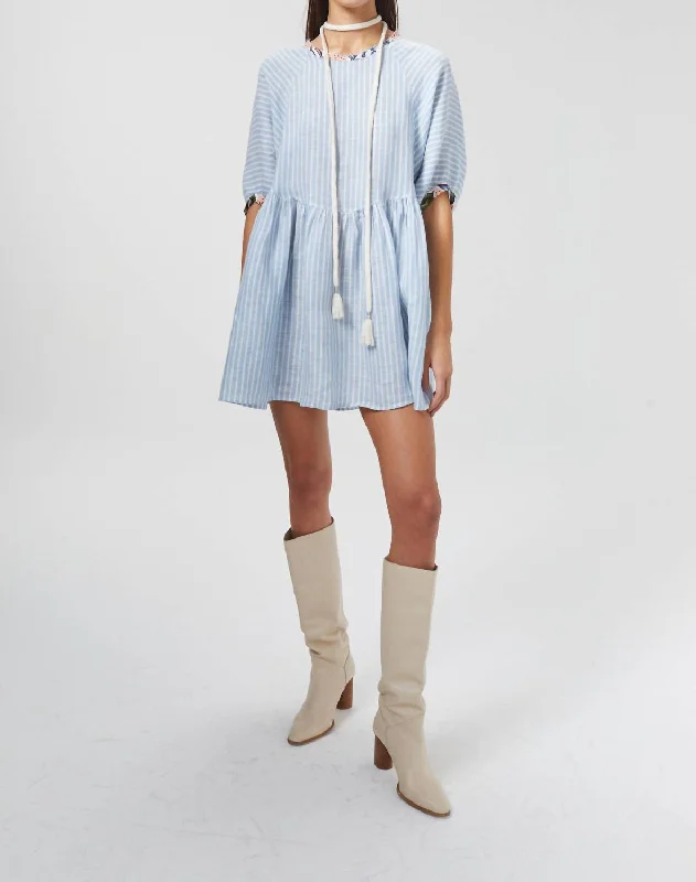 Alcala Linen Dress In Light Blue/white Stripes