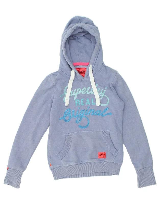 SUPERDRY Womens Graphic Hoodie Jumper UK 6 XS Blue Cotton