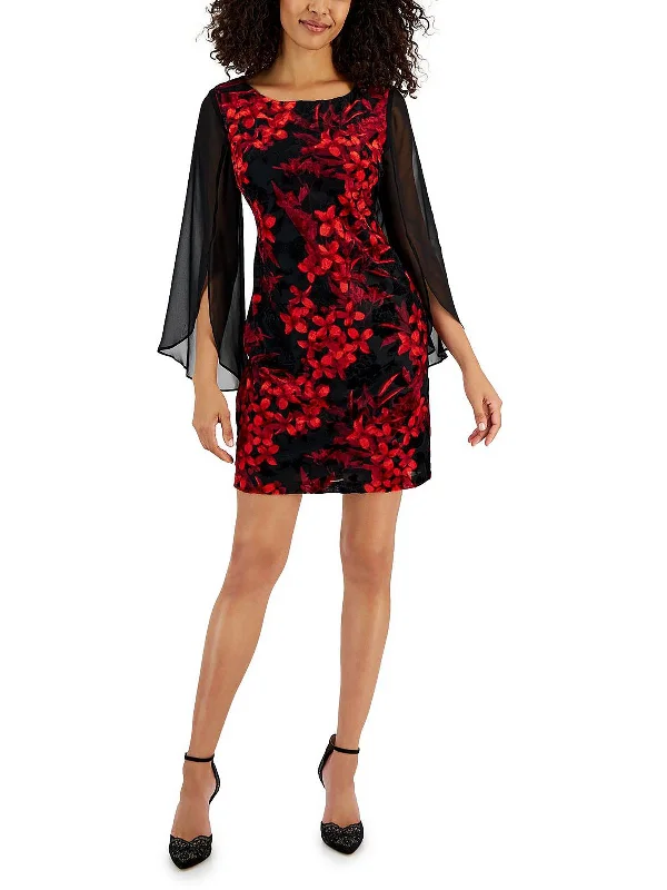 Petites Womens Floral Print Mini Sheath Dress