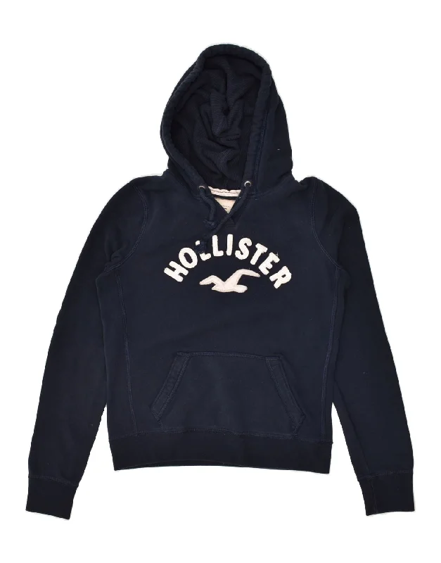 HOLLISTER Womens Graphic Hoodie Jumper UK 16 Large Navy Blue Cotton