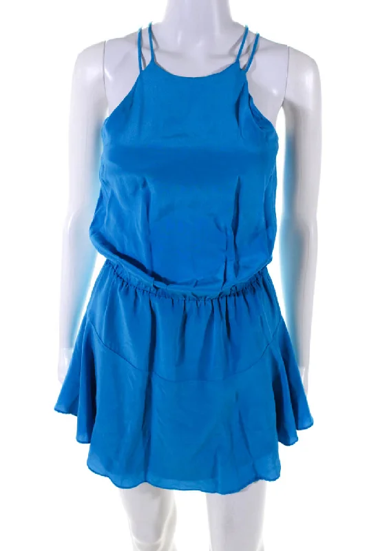 Karina Grimaldi Womens Silk Chiffon Sleeveless Mini Skater Dress Blue