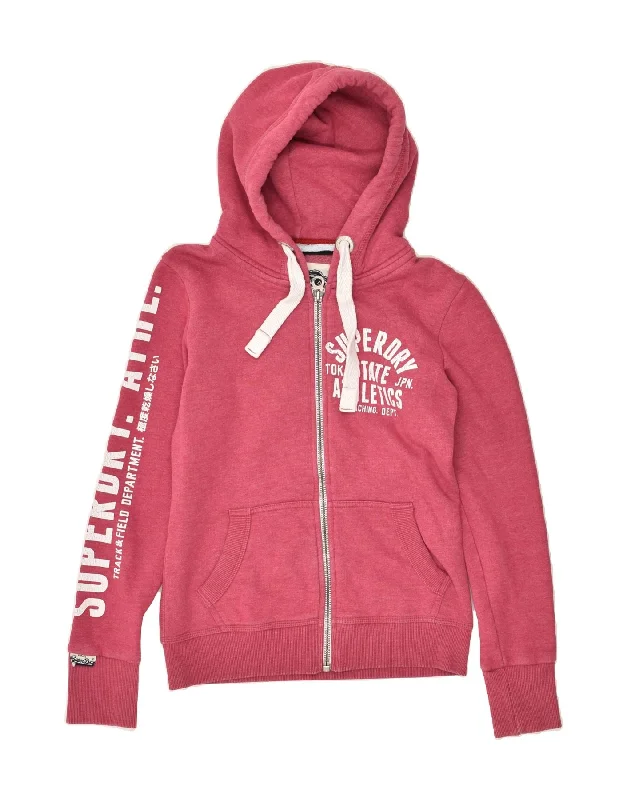 SUPERDRY Womens Graphic Zip Hoodie Sweater UK 10 Small Pink Cotton