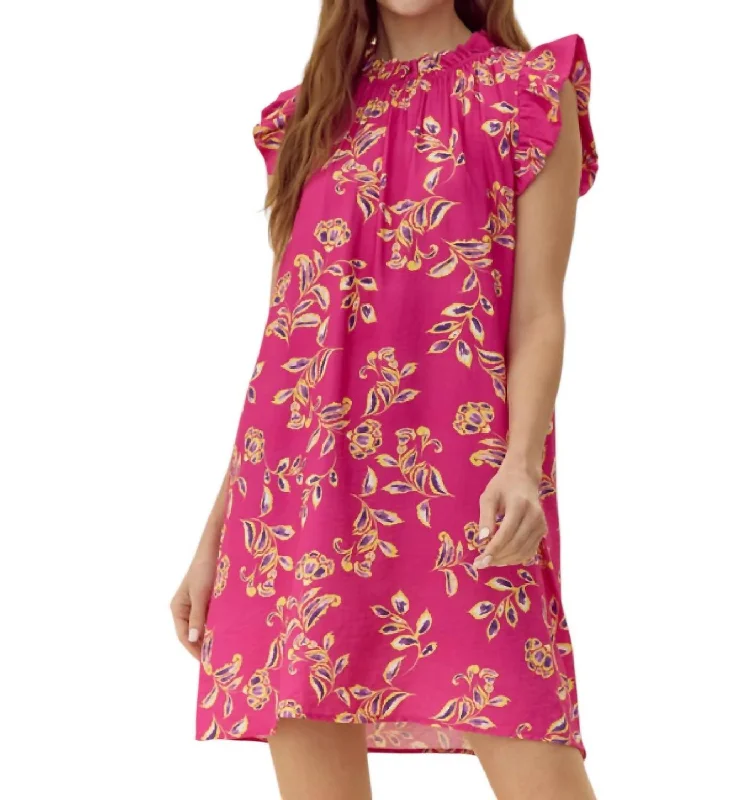 Flower Chiffon Dress In Hot Pink