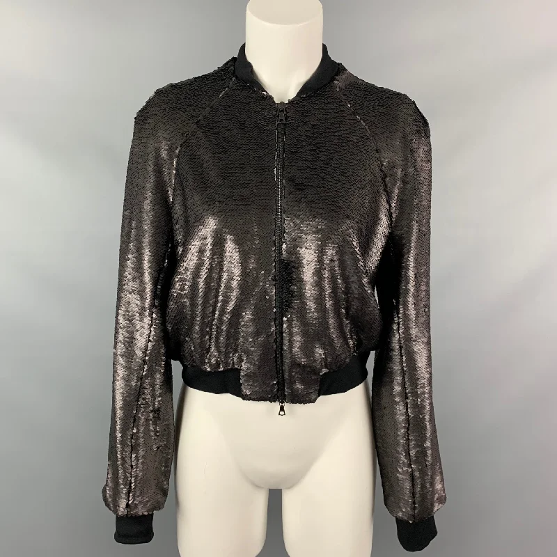 JUAN CARLOS OBANDO Size S Black Sequined Silk Textured Bomber Jacket