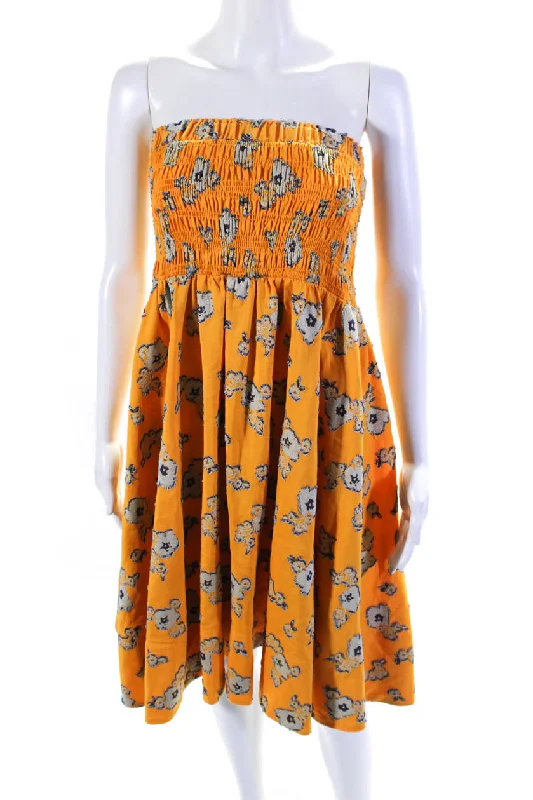 Tanya Taylor Womens Floral Print Strapless A Line Dress Yellow