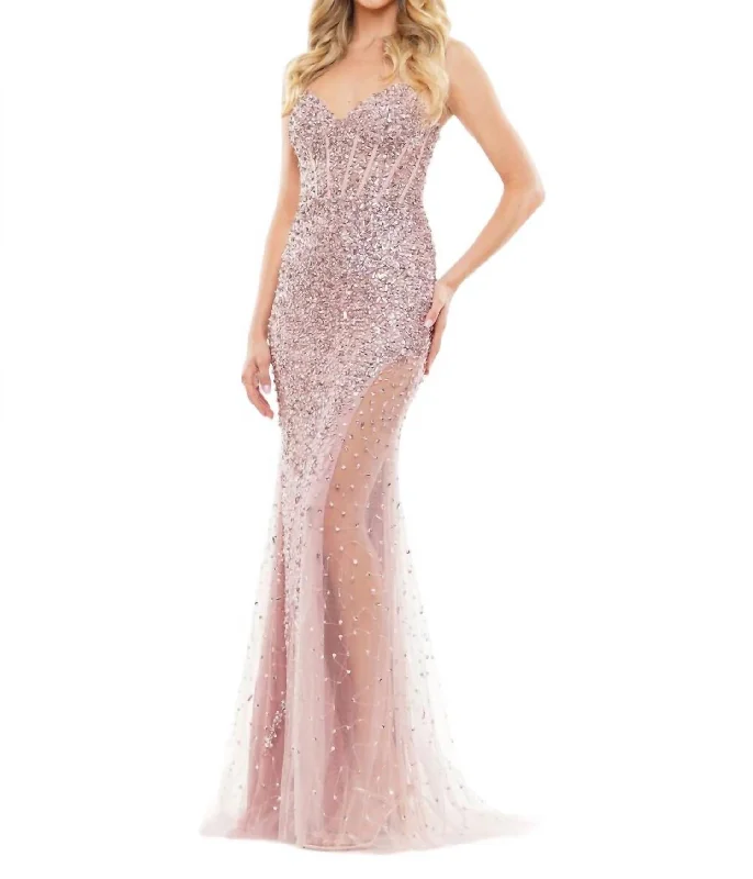 Embellished Sheer Overlay Evening Gown In Dusty Rose