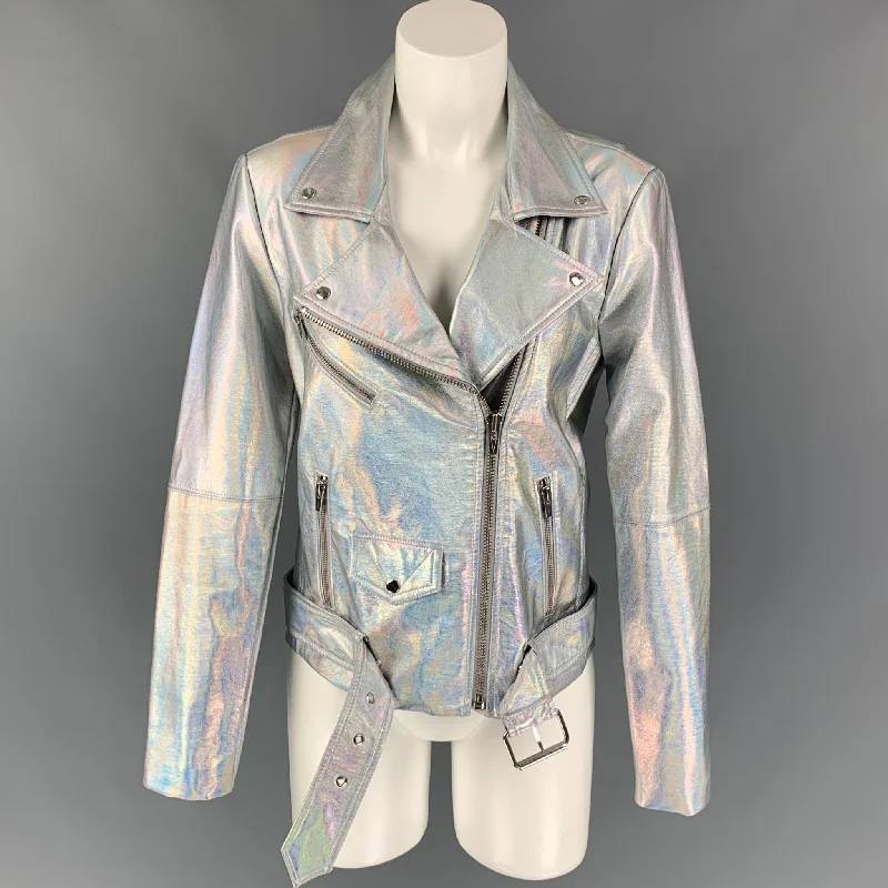 VEDA Size L Silver Iridescent Polyurethane Biker Jacket