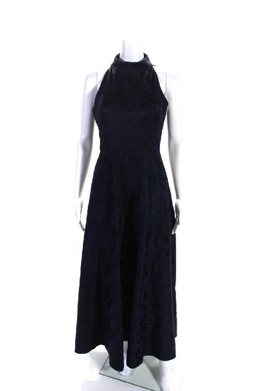 ML Monique Lhuillier Womens Sleeveless Mock Neck Floral Gown Navy Blue