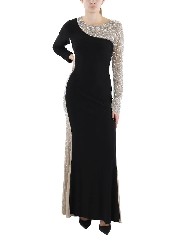 Womens Beaded Illusion Evening Dress